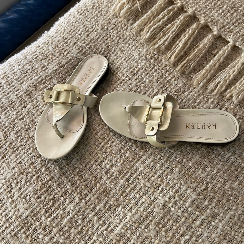- - - Lauren Ralph Lauren sand white women's sandals, flip flop leather,…